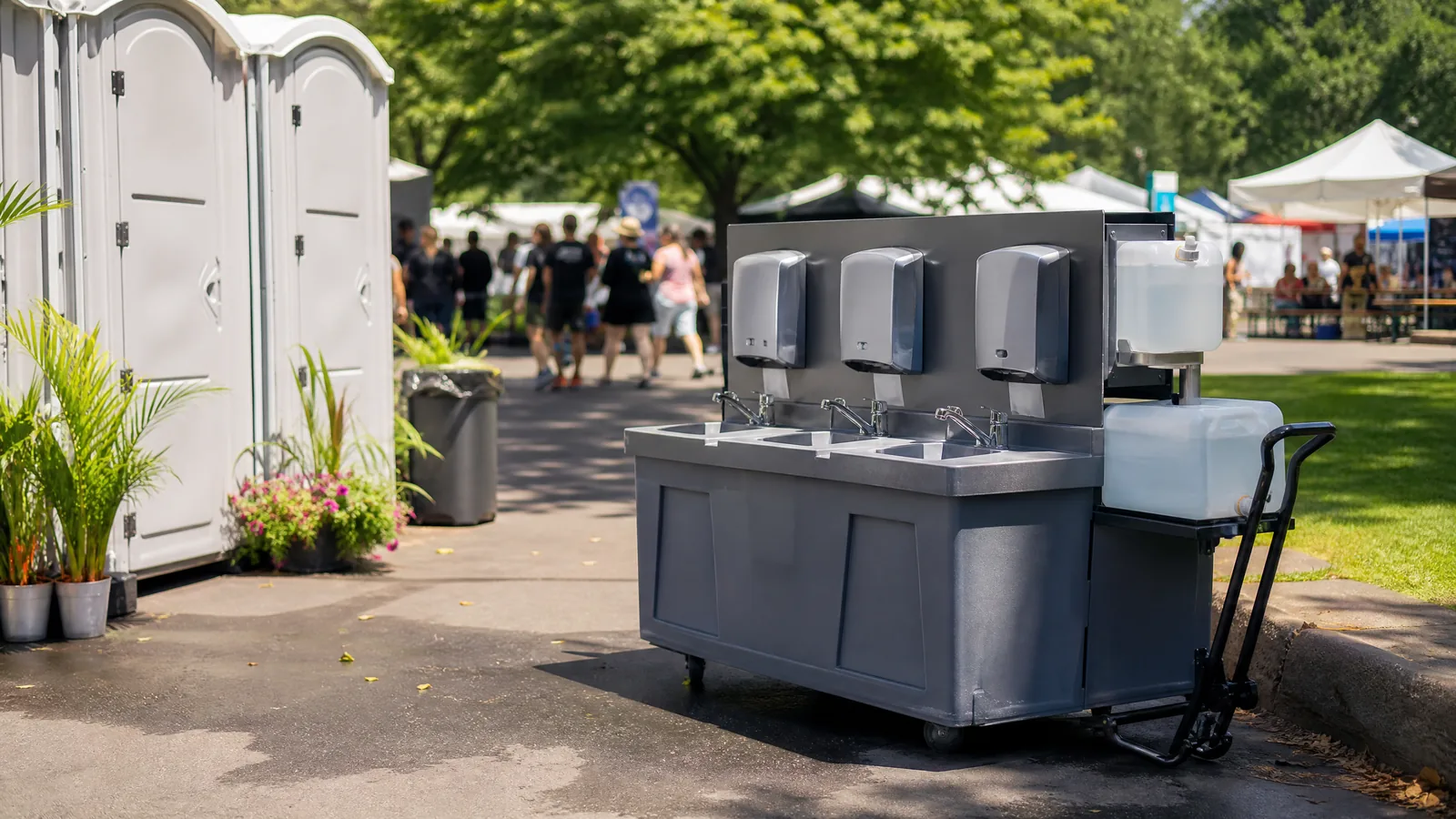 Standalone portable handwashing station beside an outdoor gathering area